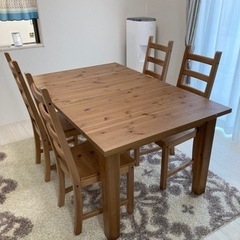 IKEA北欧パイン材収縮式ダイニングテーブル イス4脚セット
