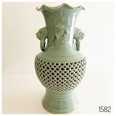 高麗陶磁器 青磁獅子 双耳 花壺 花瓶 壺 透かし彫り