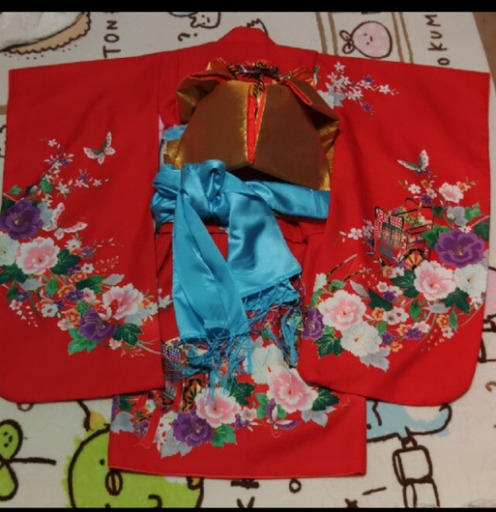 7歳七五三着物フルセット赤い牡丹花車の着物金裏赤の帯銀草履