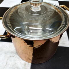 銅鍋ガラス蓋　内径17ｃｍ　深さ13ｃｍ　両手鍋