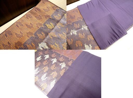 帯 袋帯 六通柄 紫系 縞模様 魚 長さ 約428cm 中古 和装 苫小牧西店