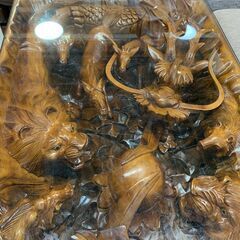 ◎高級座卓　動物彫刻木彫りガラステーブル　団地・メゾネット・2階以上配達不可です！◎　