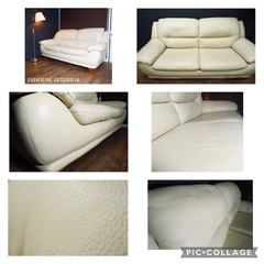 ☑️ジモ売約済　首都圏送¥0〜IDC大塚家具26万総高級本革3〜2人掛けソファー白系オースチン