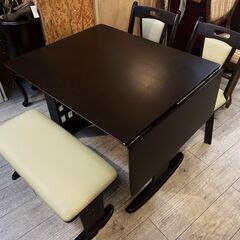 伸縮式バタフライテーブル  ダイニングセット 4人用 横幅90/120cm 回転チェア ベンチ 椅子 コンパクト 省スペース 収納付き ブラウン 茶★買取帝国 志木店