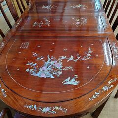 【愛品倶楽部柏店】螺鈿細工　彫刻　伸長式ダイニング9点セット