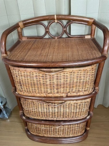 籐製引出し棚 ビンテージ古家具 ナチュラル天然素材 籐ラタン製 3段