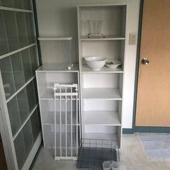 【受け渡し予定者決定】全自動洗濯機、洗濯機ラック、室内洗濯物干し、3段棚、5段棚、冷凍冷蔵庫、電子レンジのセット 受け渡し予定者決定】全自動洗濯機、洗濯機ラック、室内洗濯物干し、3