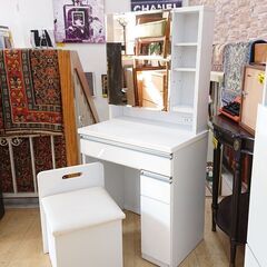 一面鏡 ドレッサー 収納スツール付き 引出し2個 扉1枚 棚板可動式 鏡面仕上げ ホワイト■横幅65cm×奥行42cm×高さ135㎝■近隣配送無料 買取帝国 朝霞店