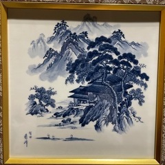 有田焼・山水絵陶板付掛け軸　箱付　格安で！