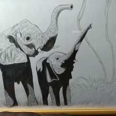 鉛筆画(象の親子)