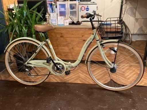 LEDオートライト】6段変速 26インチ折りたたみ自転車 ミントグリーン