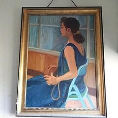 油絵絵画　青いドレスの女性　80x62
