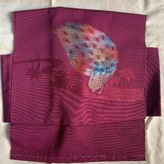 【ネット決済】着物の帯飾り　鳥模様　赤紫生地