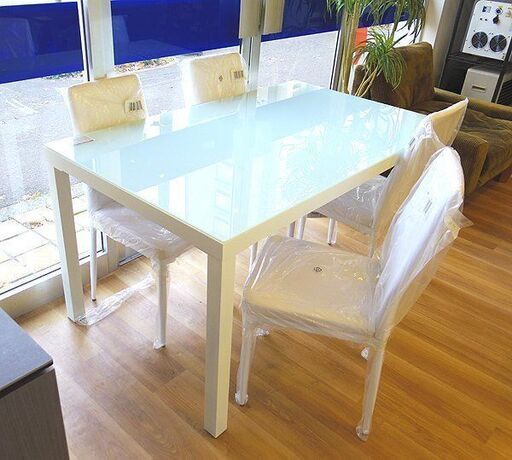 札幌近郊地域限定 あずま工芸 Arganoアルガノ ガラス ダイニングテーブル ホワイト GDT-7631＆レザーチェア ホワイト×4脚 2027036