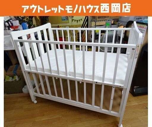 ベビーベッド ホワイト 120×70㎝用 グランドール 敷きマット・キャスター・収納棚付き 木製 ベビー用品　西岡店
