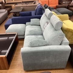 KK-113【新入荷　アウトレット】クーヘン　3シーターソファ　ライトブルー　スツール付き