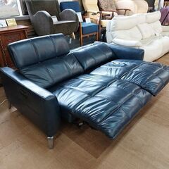 【愛品倶楽部柏店】　かねたや　アンドレア　本革　電動リクライニング3人掛けソファー　ダークブルー　