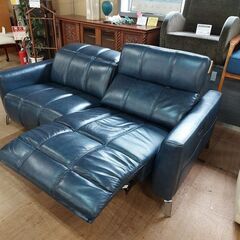 【愛品倶楽部柏店】　かねたや　アンドレア　本革　電動リクライニング3人掛けソファー　ダークブルー　