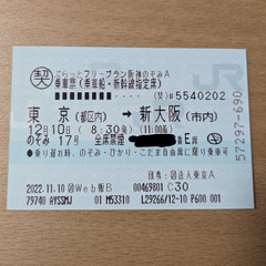 【ネット決済・配送可】12/10㈯新幹線チケット　東京→新大阪　...