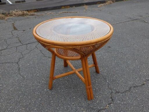 ラタン　ガラス丸テーブル　机　円形ダイニングテーブル　籐家具　￥6,380税込