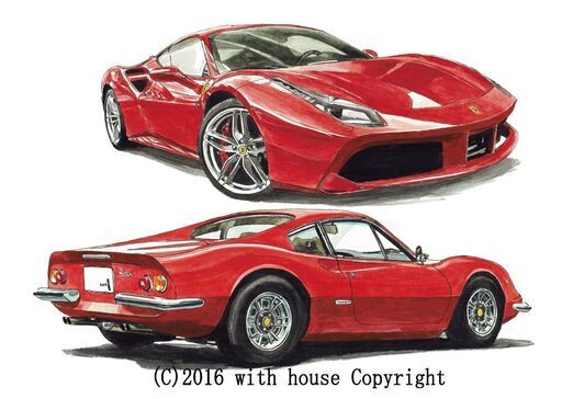 GC-203 フェラーリディーノ/488 限定版画 直筆サイン有 額装済 作家 平右ヱ門