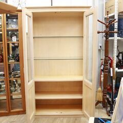 R146)アンティーク ガラス キャビネット W105.5 H186cm ナチュラル木