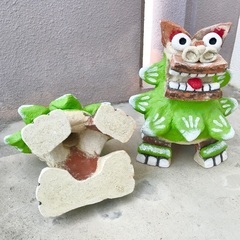 //城間シーサー工房//　漆喰/赤瓦シーサー ペアSS　ライトグリーン