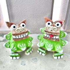 城間シーサー工房// 漆喰/赤瓦シーサー ペアSS ライトグリーン