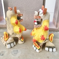 //城間シーサー工房//　漆喰/赤瓦シーサー ペアSS　イエロー