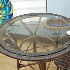 ヤマカワ ラタン テーブルセット 直径90×高73cm チェア2脚 3点セット ガラス ダイニング カフェ YAMAKAWA 札幌市 清田区 平岡