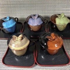 茶碗蒸し 5客セット　新品　ミニトレー・スプーン付き　祥鳳窯