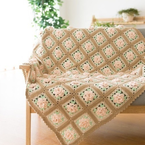 バラ柄 手編み毛布