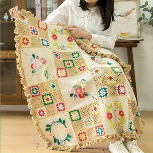 花柄 手編み毛布 ハンドメイド品