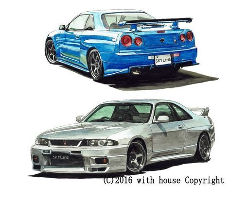 NC-251 スカイラインGT-R R34/R33 限定版画 直筆サイン有 額装済 作家 平右ヱ門