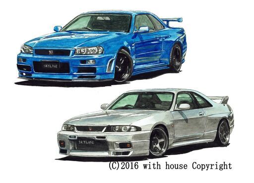 NC-254 スカイラインGT-R R34/R33 限定版画 直筆サイン有 額装済 作家 平右ヱ門