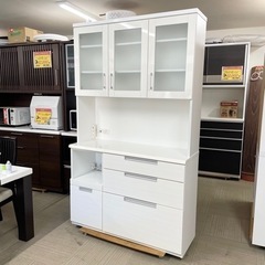 【超美品‼️】ニトリ 120cm幅キッチンボード 食器棚 収納家具 艶あり木目調ホワイト♪