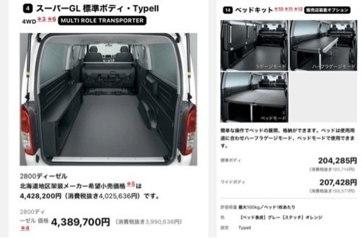 トヨタ純正ベッドキット(ハイエース スーパーGL 標準ボディ Type2)