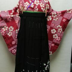 二尺袖紅に桜　着物・袴・帯・伊逹衿　4点セット