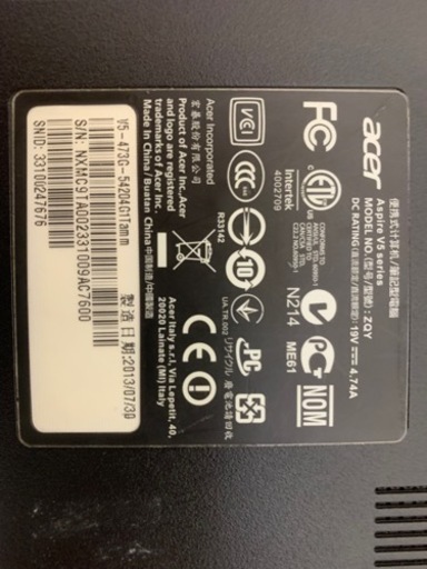 値下げ！ノートパソコン　Acer V5-473G 12G/WIN10/SSD