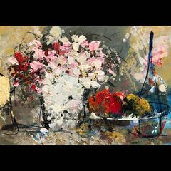 ut5/57 油彩 池田 秀郎 作『花』（SM号）絵画 真筆 額付き 油絵