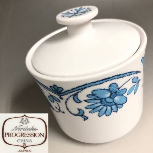 〇FI15/26　Noritake ノリタケ PROGRESSION プログレッション モダンブルー フラワー柄 シュガーポット 日本製 昭和レトロ 北欧 蓋物 西洋