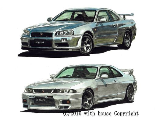 NC-271 スカイラインGT-R R34/R33 限定版画 直筆サイン有 額装済 作家 平右ヱ門