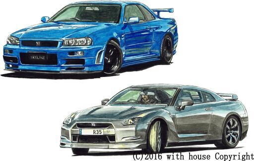 NC-283 スカイラインGT-R R34/R35 限定版画 直筆サイン有 額装済 作家 平右ヱ門