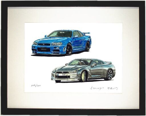 NC-283 スカイラインGT-R R34/R35 限定版画 直筆サイン有 額装済 作家 平右ヱ門