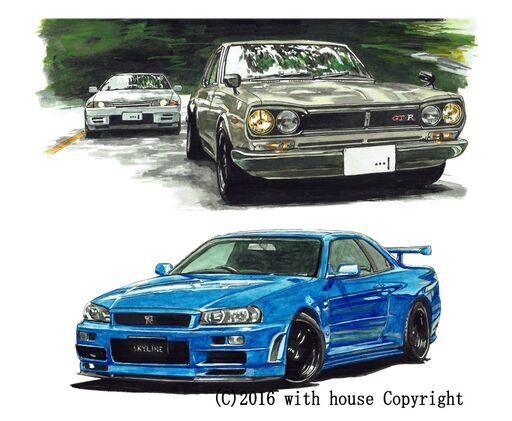 NC-285 スカイラインGT-R R34/ハコスカ 限定版画 直筆サイン有 額装済 作家 平右ヱ門