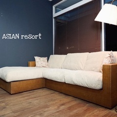 ☑️メル売約済　配達無料　大塚家具50万究極の一流フェザーアジアンリゾートコーナーカウチソファー