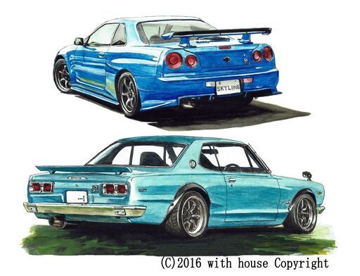 NC-293 スカイラインGT-R R34/ハコスカ 限定版画 直筆サイン有 額装済 作家 平右ヱ門