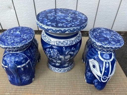 3点セット■象 エレファント 置物 陶器製■花台 フラワースタンド 玄関 庭 ガーデニング インテリア オブジェ■腰掛 スツール アンティーク アジア