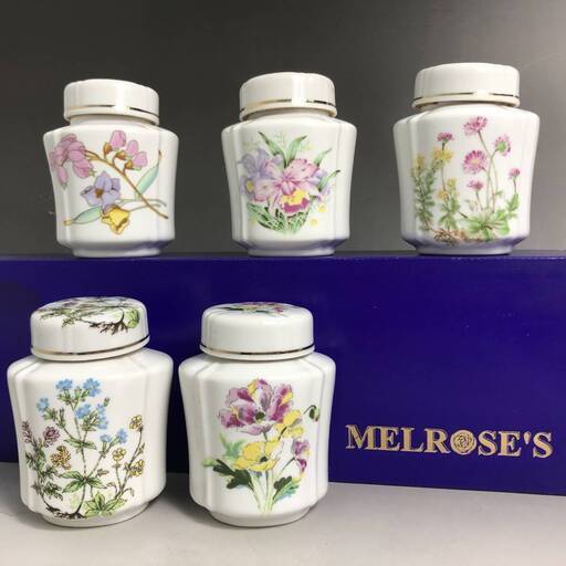 ut5/26　【未使用】　メルローズ MELROSES 紅茶入れ 5点セット キャニスター 茶壺 空壺 陶器製 スコットランド製 花柄　洋食器 〇