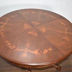 【ヤ取終了2/1】≪zy878≫イタリア 象嵌 ドローリーフ/拡張テーブル エクステンション 丸/ラウンド 楕円 ヴィンテージ風 41222-04